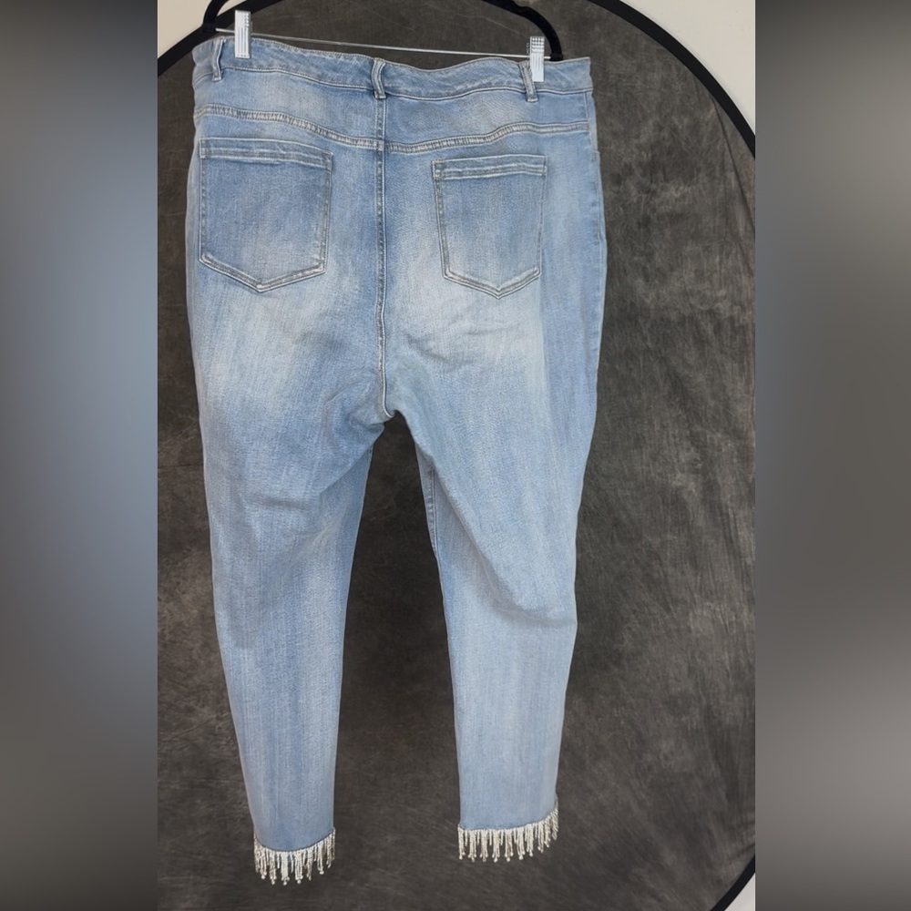 Ashro 20W Light Wash Denim Jeans | Rhinestone Fringe Hem Plus Size Statement - Picture 4 of 7